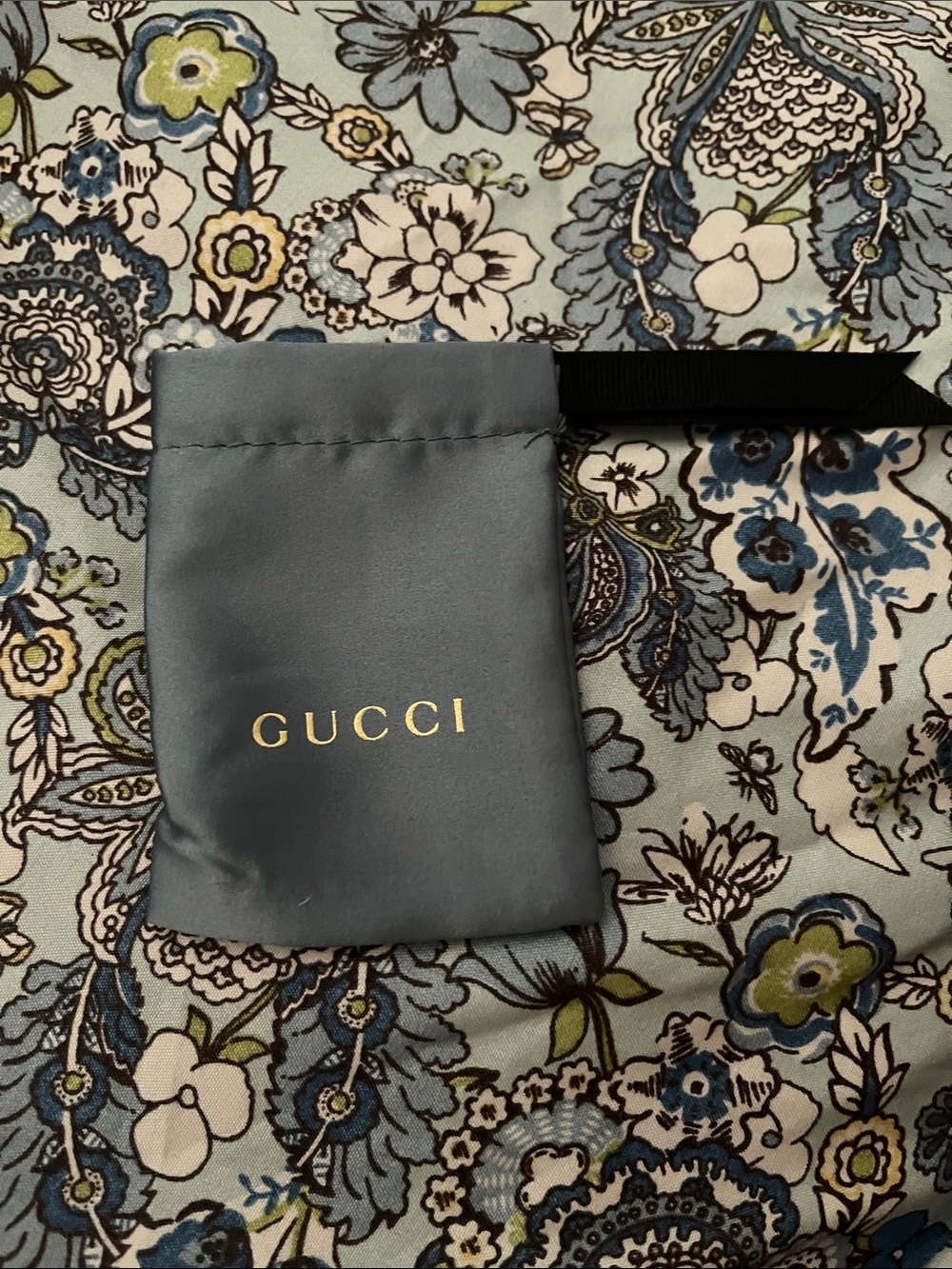 Gucci Satin Drawstring Pouch in Slate Blue with Gold Logo